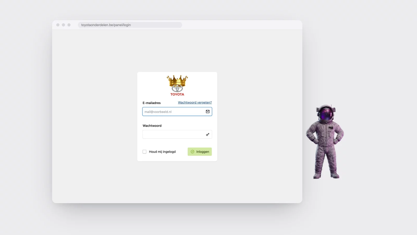 The login screen of the content management system in a browser window, with a Toyota logo wearing a golden crown above the form