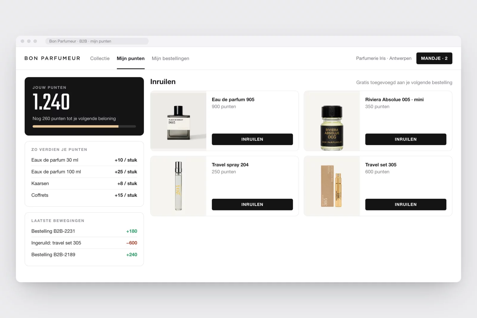 The points page in the Bon Parfumeur shop with balance, rules and rewards to redeem