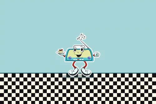The entrance of Tranzistor with two flowerpot figures, a stack of rainbow pancakes and the radio mascot with legs