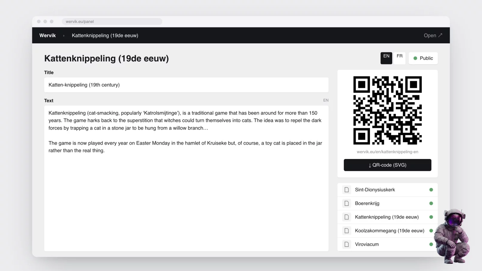 Rebuilt admin screen showing the cat-smacking text, an English-French language switch and a QR code with a download button