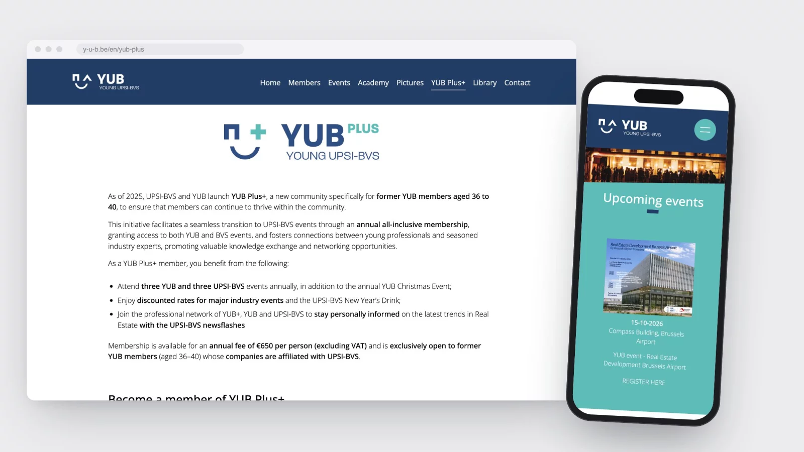 The YUB Plus+ page on desktop and the upcoming events on a phone