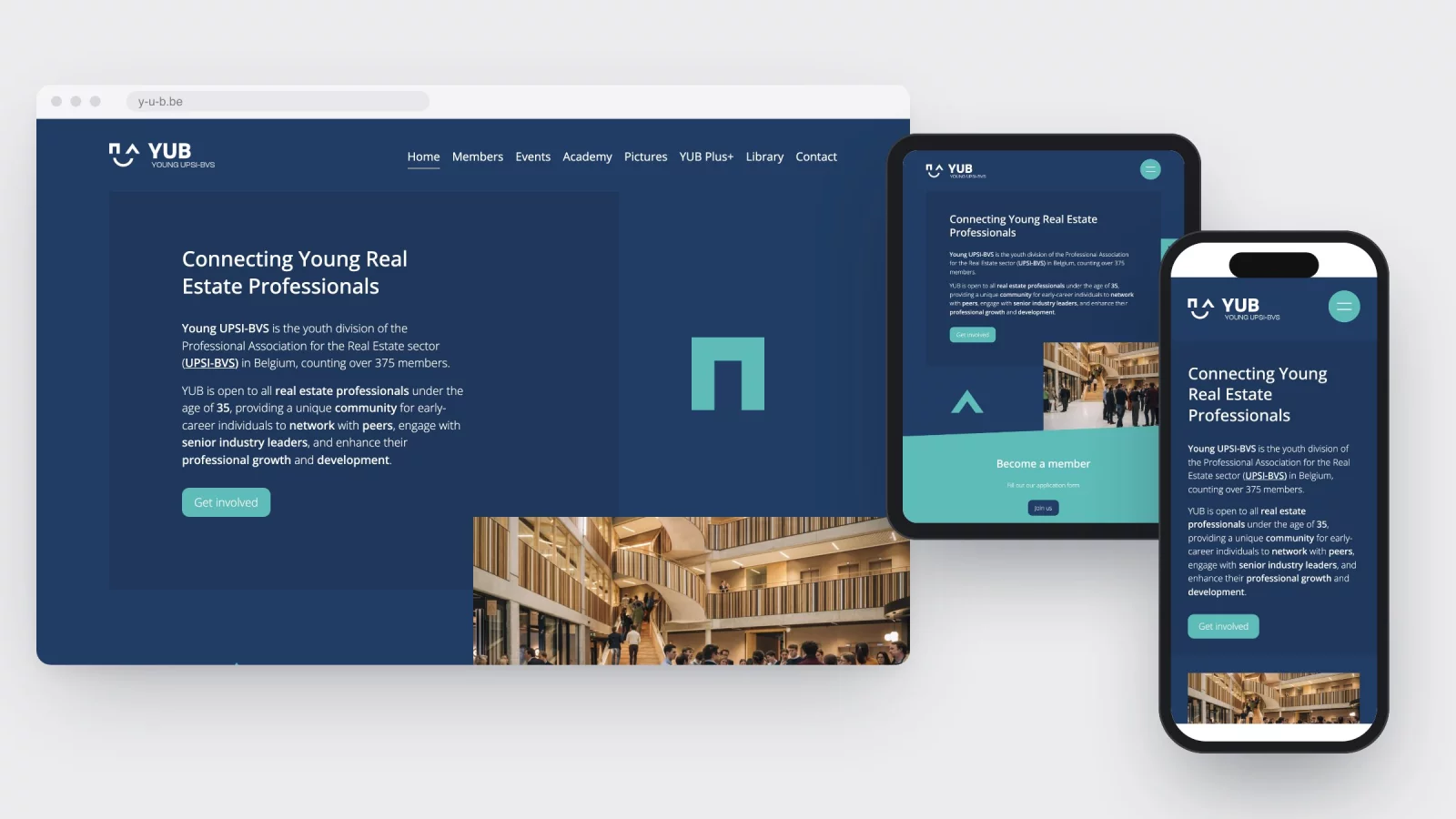 The y-u-b.be homepage on desktop, tablet and phone, in deep blue and mint
